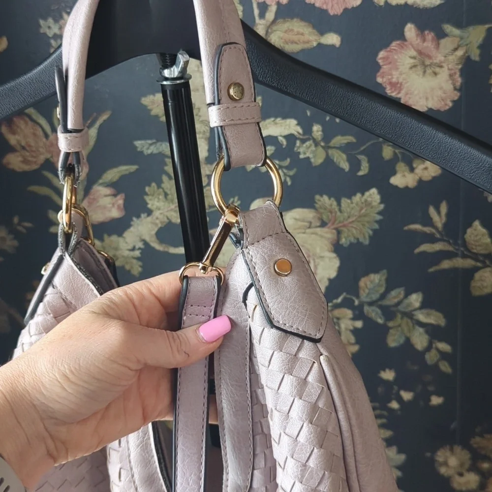 Nora Faux Leather Woven Hobo Bag w/ Short & Long Straps Mauve